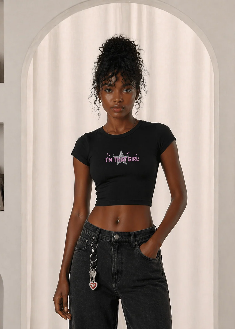 Model wearing the black I’m that girl crop top