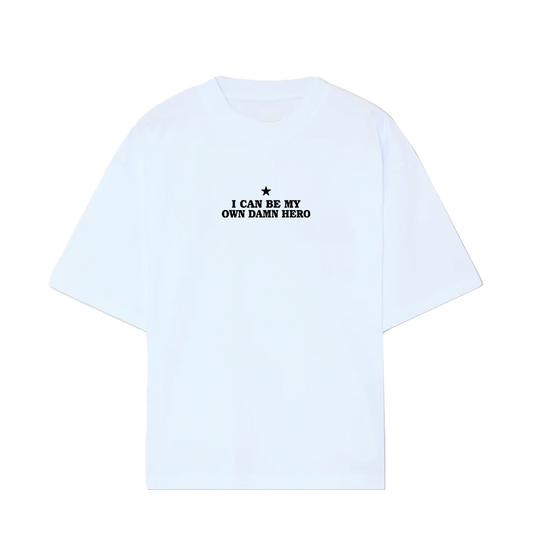 I CAN BE MY OWN HERO / WHITE TEE flat mockup